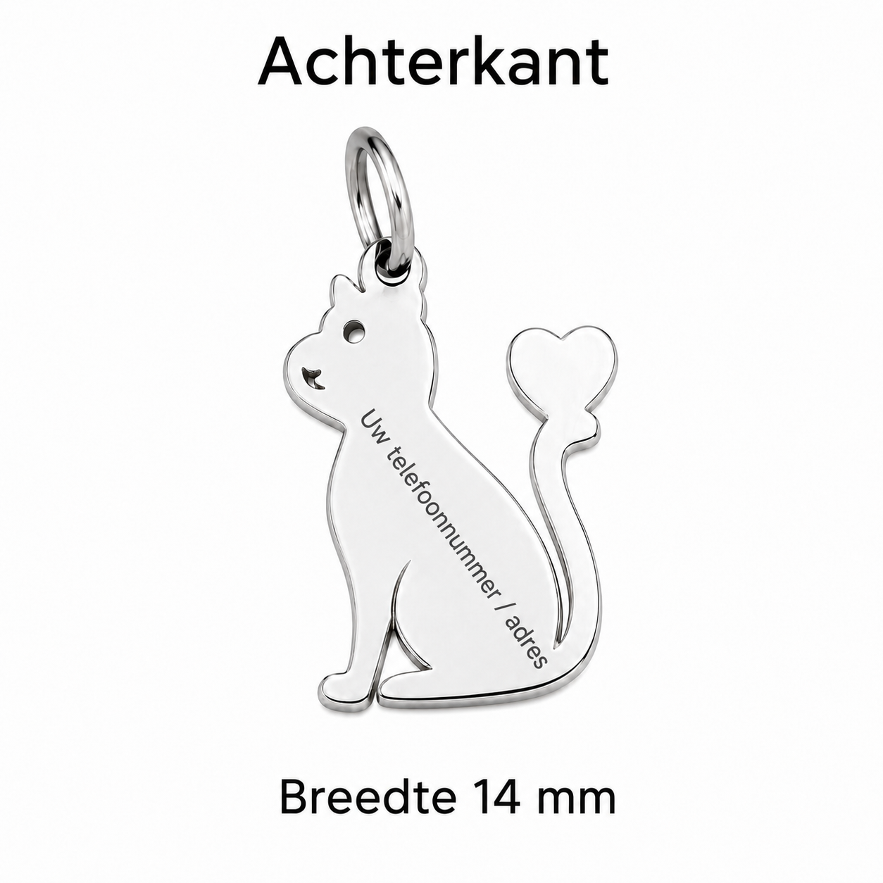 Gepersonaliseerde Kattenpenning Katvorm met Hartstaart - Hondenpenning / Huisdierpenning - Gegraveerde RVS ID-tag met naam, telefoonnummer en adres - Dubbelzijdig naamplaatje - Zilver - 14 mm