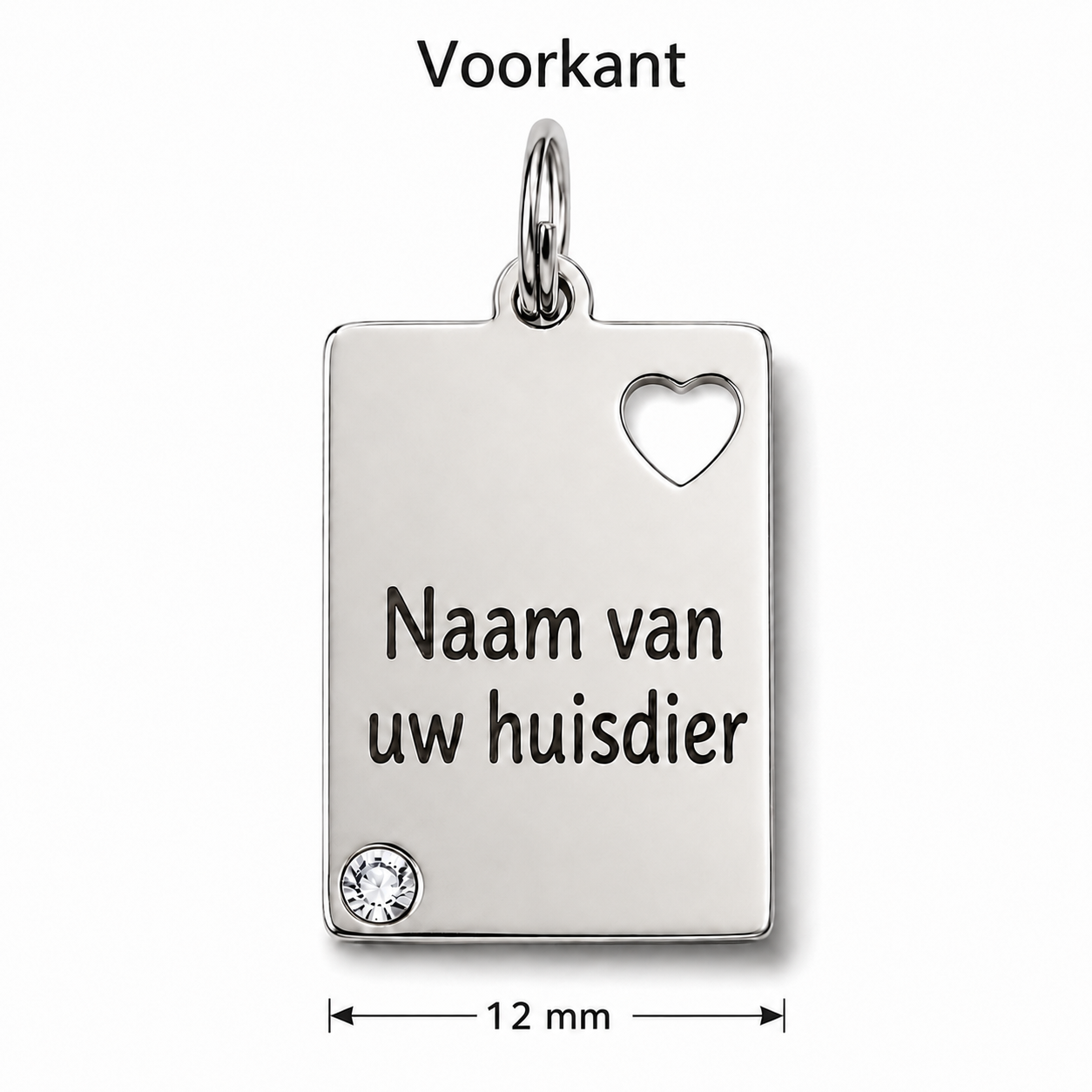 Gepersonaliseerde Hondenpenning Vierkant / Rechthoekig met Hartje en Strass Steentje - Kattenpenning / Huisdierpenning - Gegraveerde RVS ID-tag met naam, telefoonnummer en adres - Dubbelzijdig naamplaatje - Zilver - 12 mm