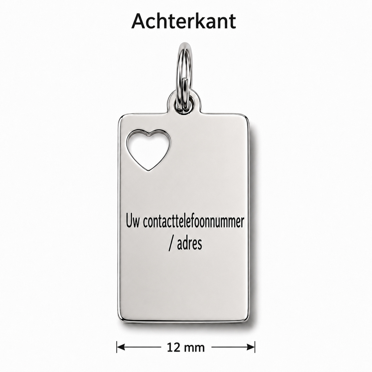 Gepersonaliseerde Hondenpenning Vierkant / Rechthoekig met Hartje en Strass Steentje - Kattenpenning / Huisdierpenning - Gegraveerde RVS ID-tag met naam, telefoonnummer en adres - Dubbelzijdig naamplaatje - Zilver - 12 mm