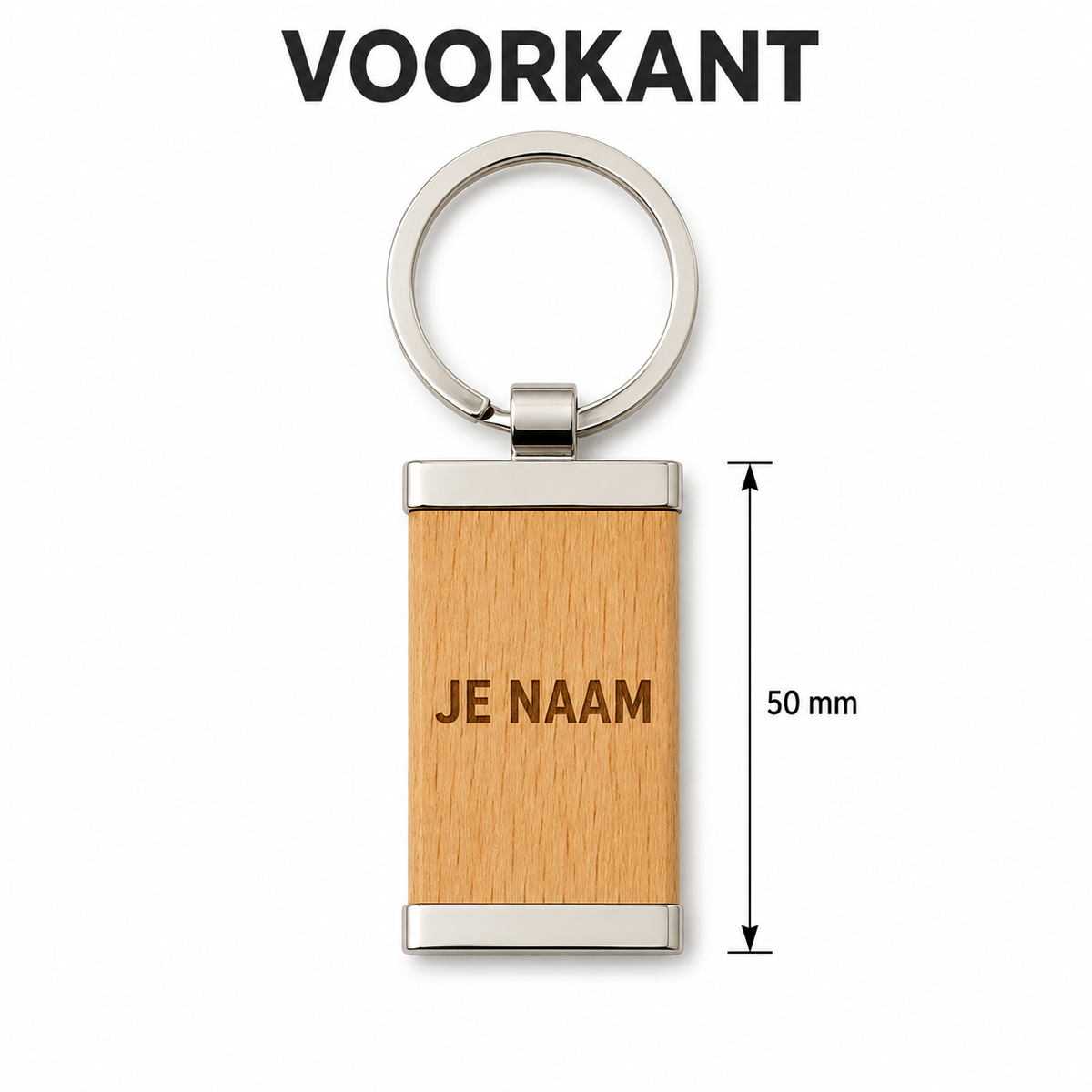 Sleutelhanger met Naam – Gepersonaliseerde Houten Sleutelhanger – Hout & Metaal – Gravure Voor- en Achterkant – 50 mm – Persoonlijk Cadeau