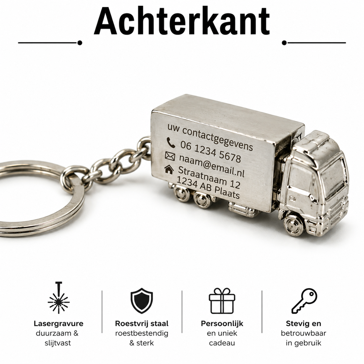 Sleutelhanger met Naam – Vrachtwagen Sleutelhanger – Gepersonaliseerde Trucker Sleutelhanger – Dubbelzijdige Lasergravure – RVS – Cadeau voor Vrachtwagenchauffeur