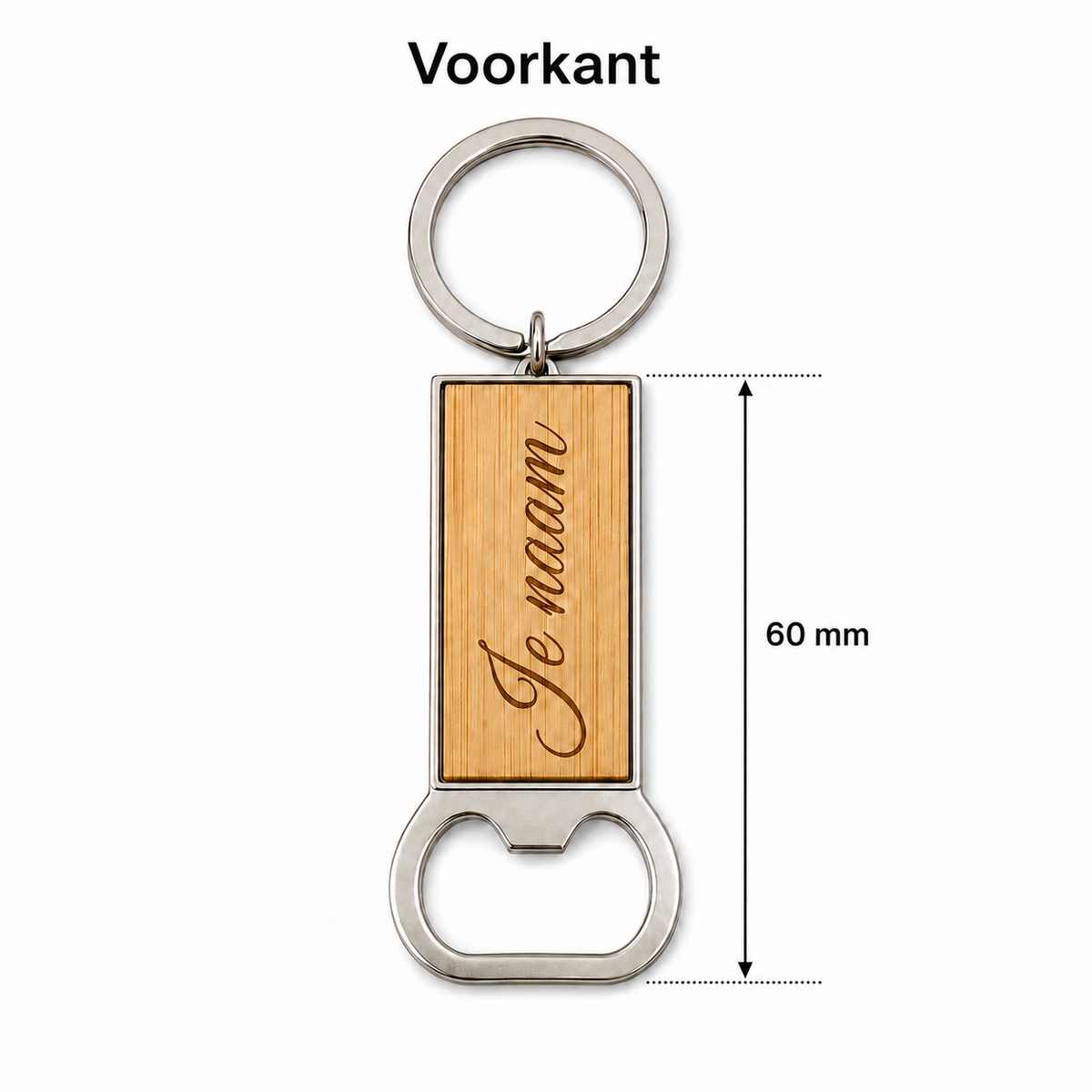 Sleutelhanger met Naam en Flesopener – Gepersonaliseerd – Hout & Metaal – Lasergravure – 60 mm – Persoonlijk Cadeau