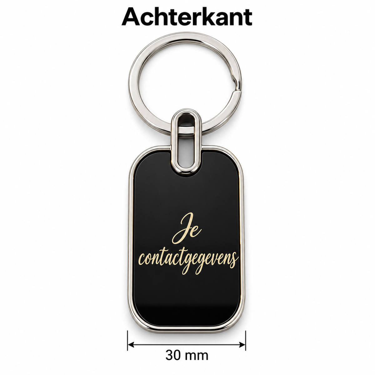 Sleutelhanger met Naam – Gepersonaliseerde Metalen Sleutelhanger – Zwart met Goudkleurige Gravure – Voor- en Achterkant – Contactgegevens – 30 mm – Autosleutelhanger – Persoonlijk Cadeau