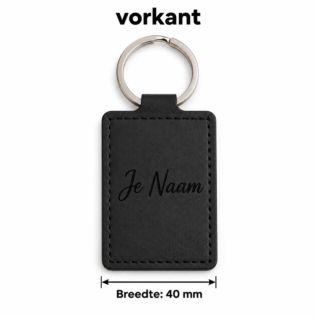 Gepersonaliseerde Sleutelhanger met Naam – Zwarte Kunstleren Sleutelhanger – Rechthoekig – Gravure Voor- en Achterkant – Contactgegevens – Autosleutelhanger – 40 mm – Persoonlijk Cadeau