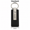 Gepersonaliseerde Sleutelhanger met Naam – Zwart Kunstleer met Metalen Gravureplaat – Gravure Voor- en Achterkant – Contactgegevens – Autosleutelhanger – 28 mm – Persoonlijk Cadeau
