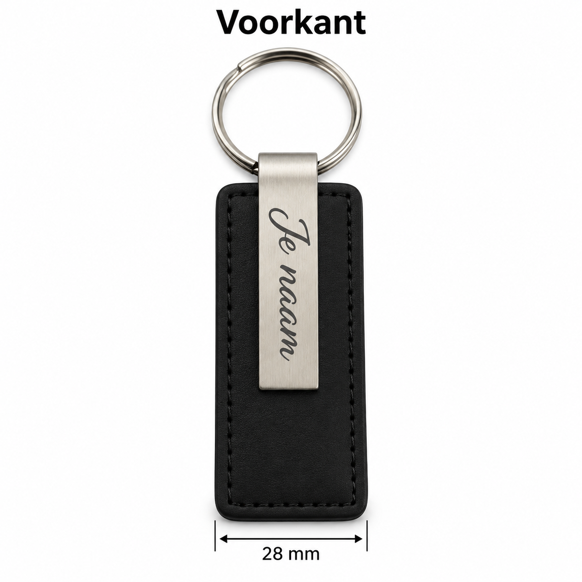 Gepersonaliseerde Sleutelhanger met Naam – Zwart Kunstleer met Metalen Gravureplaat – Gravure Voor- en Achterkant – Contactgegevens – Autosleutelhanger – 28 mm – Persoonlijk Cadeau
