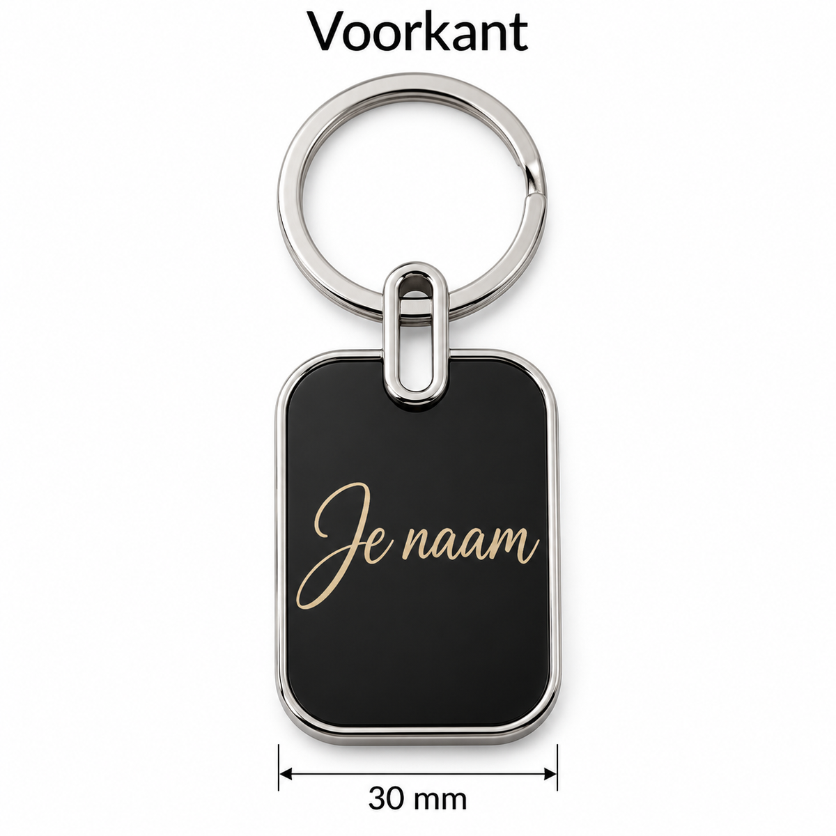Sleutelhanger met Naam – Gepersonaliseerde Metalen Sleutelhanger – Zwart met Goudkleurige Gravure – Voor- en Achterkant – Contactgegevens – 30 mm – Autosleutelhanger – Persoonlijk Cadeau