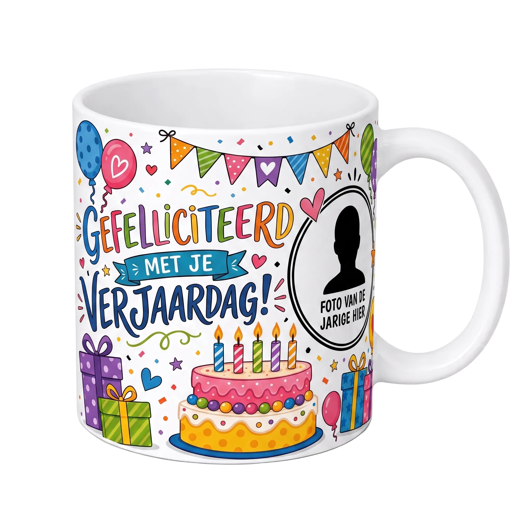 Gepersonaliseerde Verjaardagsmok met Foto – Gefeliciteerd met je Verjaardag Mok – Mok met Eigen Foto van de Jarige – Cadeau voor Verjaardag – Koffiemok Verjaardag – Theemok Jarige – Witte Keramische Mok met Taart, Ballonnen en Cadeaus