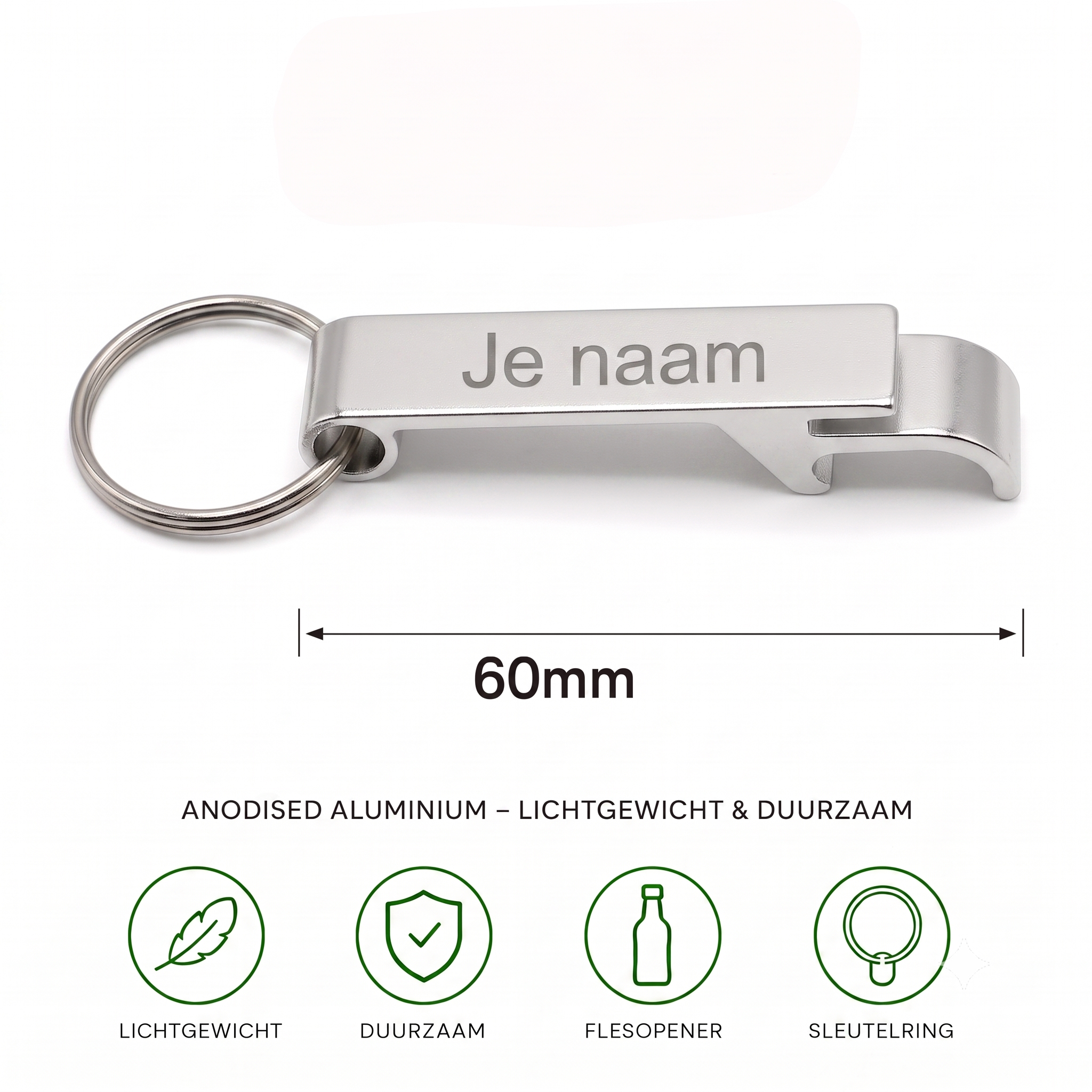 Gepersonaliseerde Flesopener Sleutelhanger met Naam – Gegraveerde Aluminium Bieropener en Bliklipjesopener – Zilver – 60 mm – Persoonlijk Cadeau voor Hem en Haar