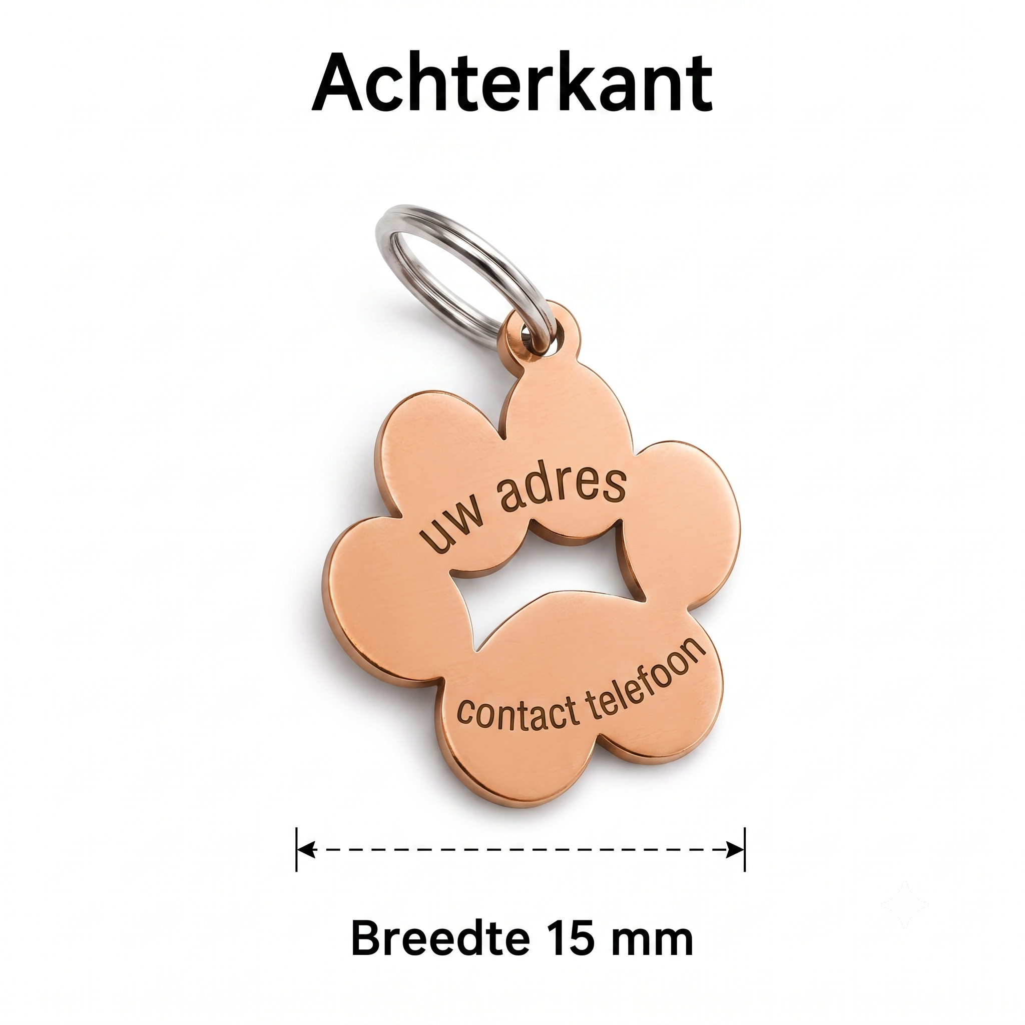 Gepersonaliseerde Hondenpenning Pootvorm - Kattenpenning / Huisdierpenning - Gegraveerde RVS ID-tag met naam, telefoonnummer en adres - Dubbelzijdig naamplaatje - Roségoud - 15 mm