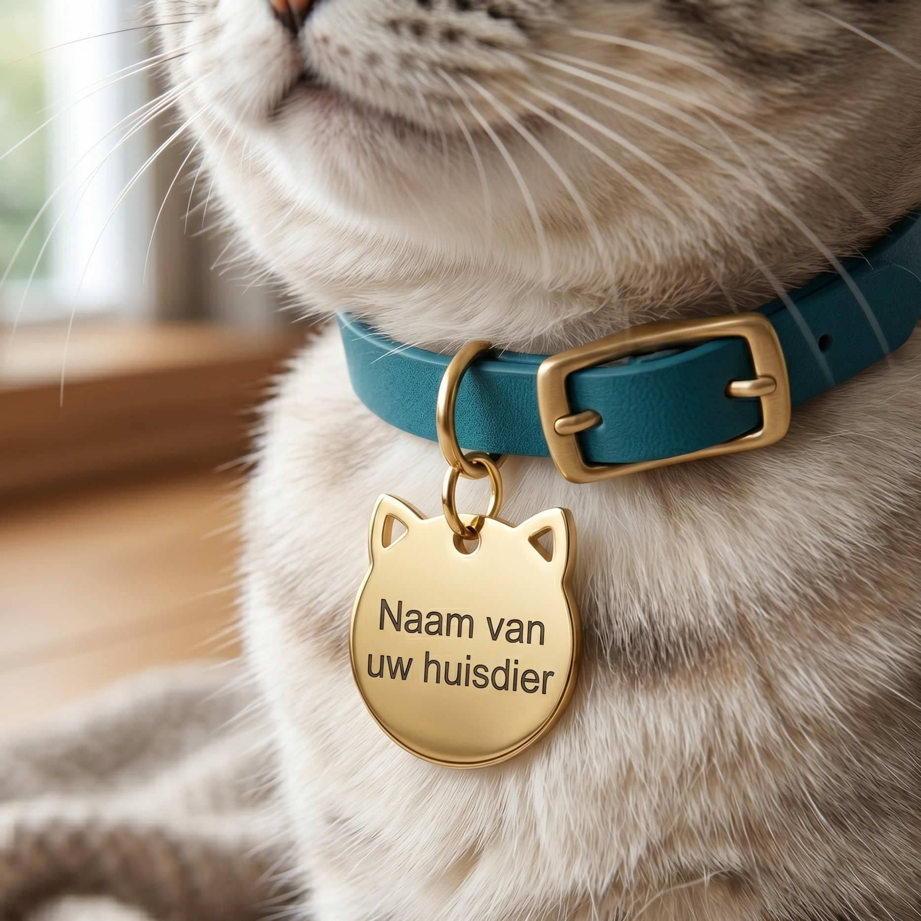 Gepersonaliseerde RVS Kattenpenning / Naamplaatje voor Huisdier – Kattenpenning voor Kat met Naam, Telefoonnummer en Adres – Kattenkop Penning 28 mm met Dubbelzijdige Gravure – Roestvrij Staal – Goudkleurig