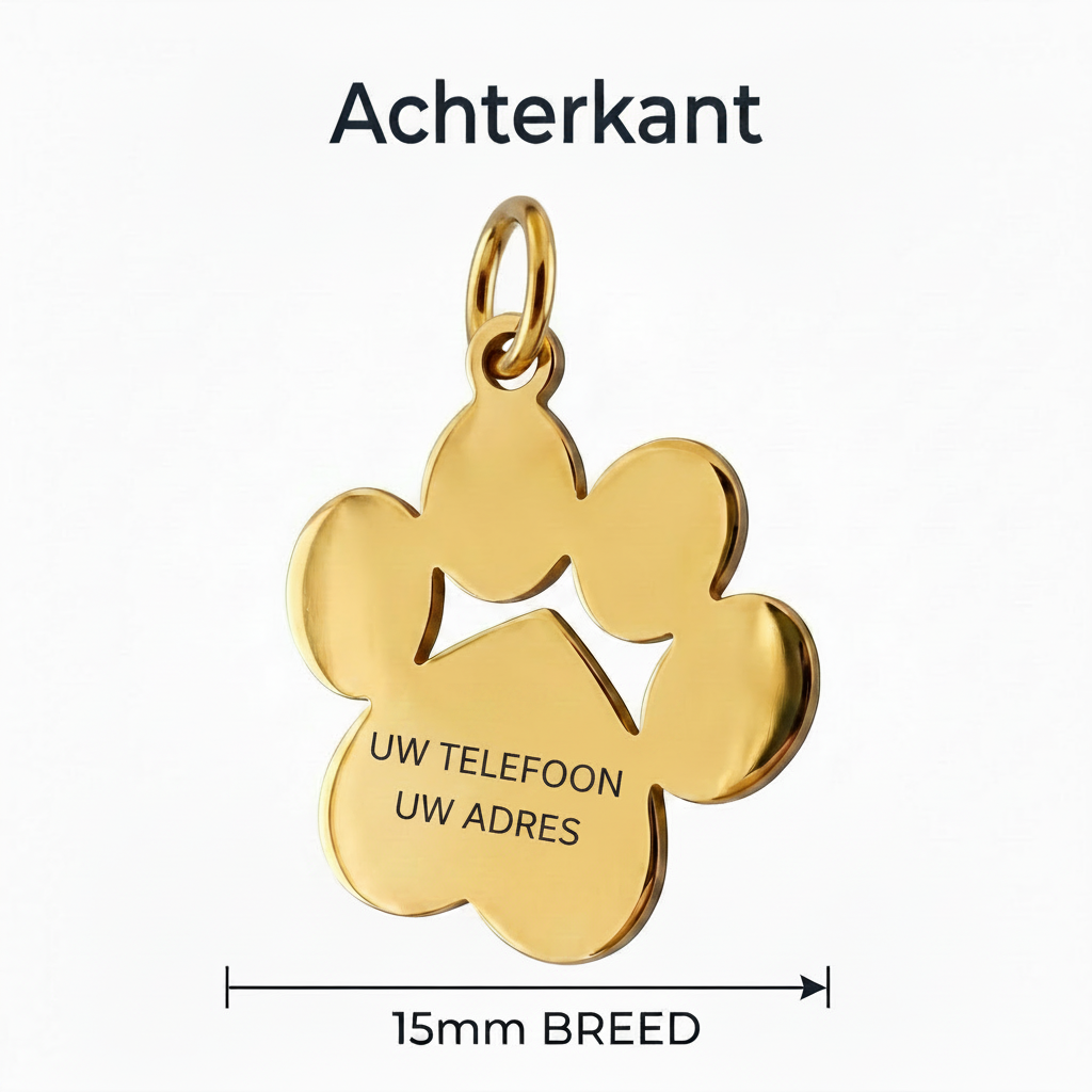 Gepersonaliseerde Hondenpenning Pootvorm Goud - Kattenpenning / Huisdierpenning - Gegraveerde RVS ID-tag met naam, telefoonnummer en adres - Dubbelzijdig naamplaatje - Goudkleurig - 15 mm