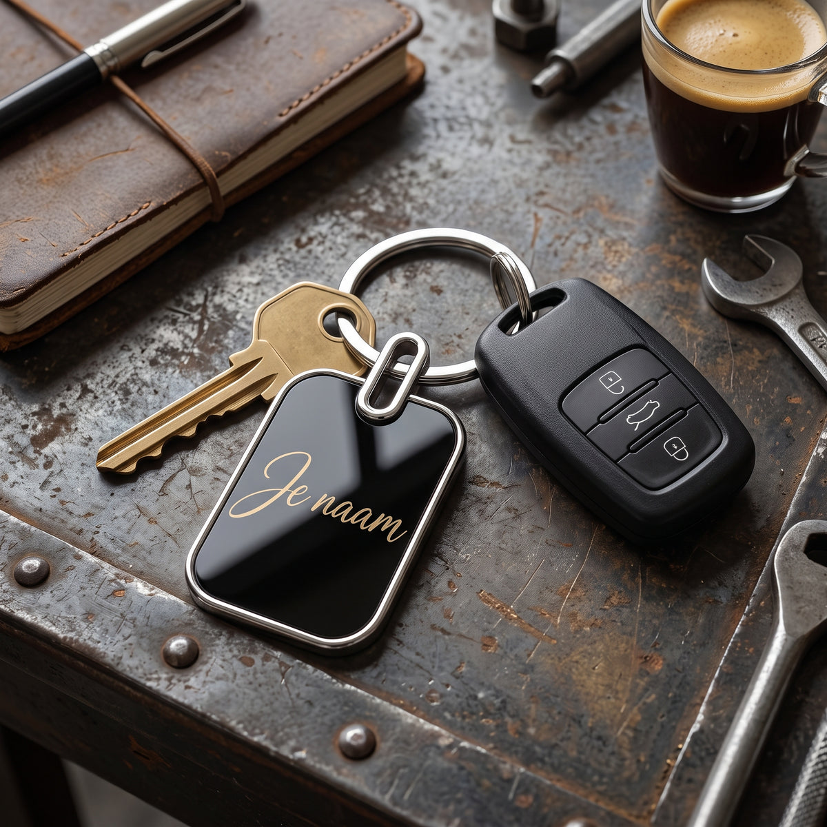 Sleutelhanger met Naam – Gepersonaliseerde Metalen Sleutelhanger – Zwart met Goudkleurige Gravure – Voor- en Achterkant – Contactgegevens – 30 mm – Autosleutelhanger – Persoonlijk Cadeau