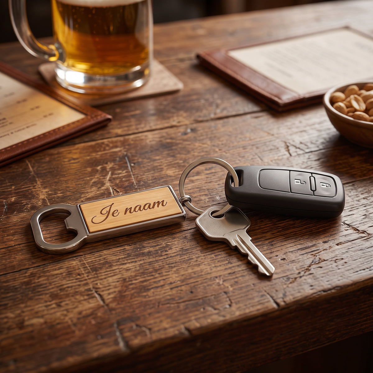 Sleutelhanger met Naam en Flesopener – Gepersonaliseerd – Hout & Metaal – Lasergravure – 60 mm – Persoonlijk Cadeau