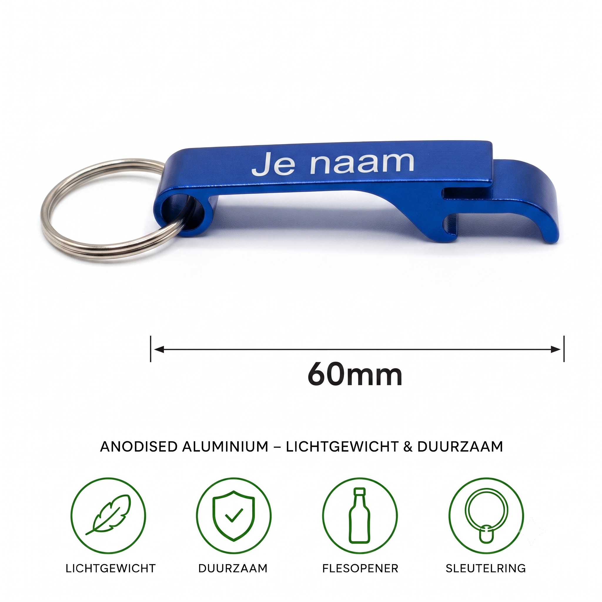Gepersonaliseerde Flesopener Sleutelhanger met Naam – Bieropener en Blikopener – Gegraveerde Aluminium Sleutelhanger – Blauw – 60 mm – Persoonlijk Cadeau voor Hem en Haar