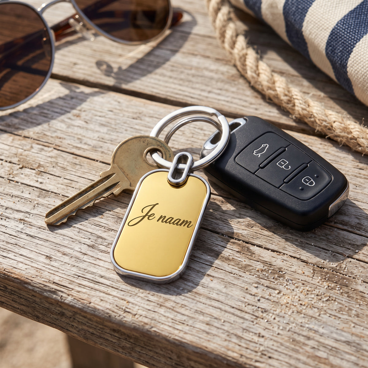 Sleutelhanger met Naam – Gepersonaliseerde Metalen Sleutelhanger – Goudkleurig & Zilverkleurig – Gravure Voor- en Achterkant – Contactgegevens – 30 mm – Autosleutelhanger – Persoonlijk Cadeau