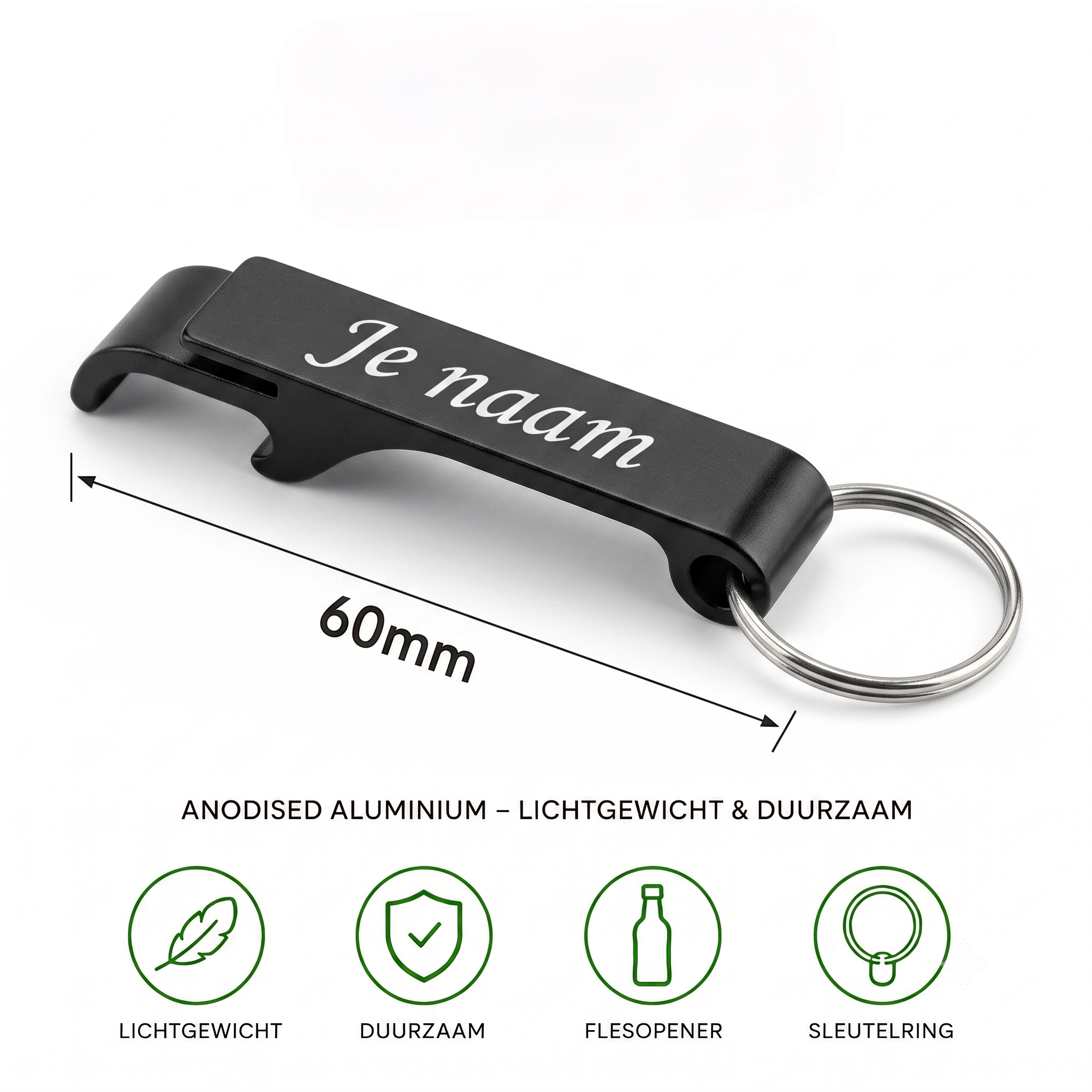 Gepersonaliseerde Flesopener Sleutelhanger met Naam – Gegraveerde Bieropener en Bliklipjesopener – Aluminium – Zwart – 60 mm – Persoonlijk Cadeau voor Hem en Haar