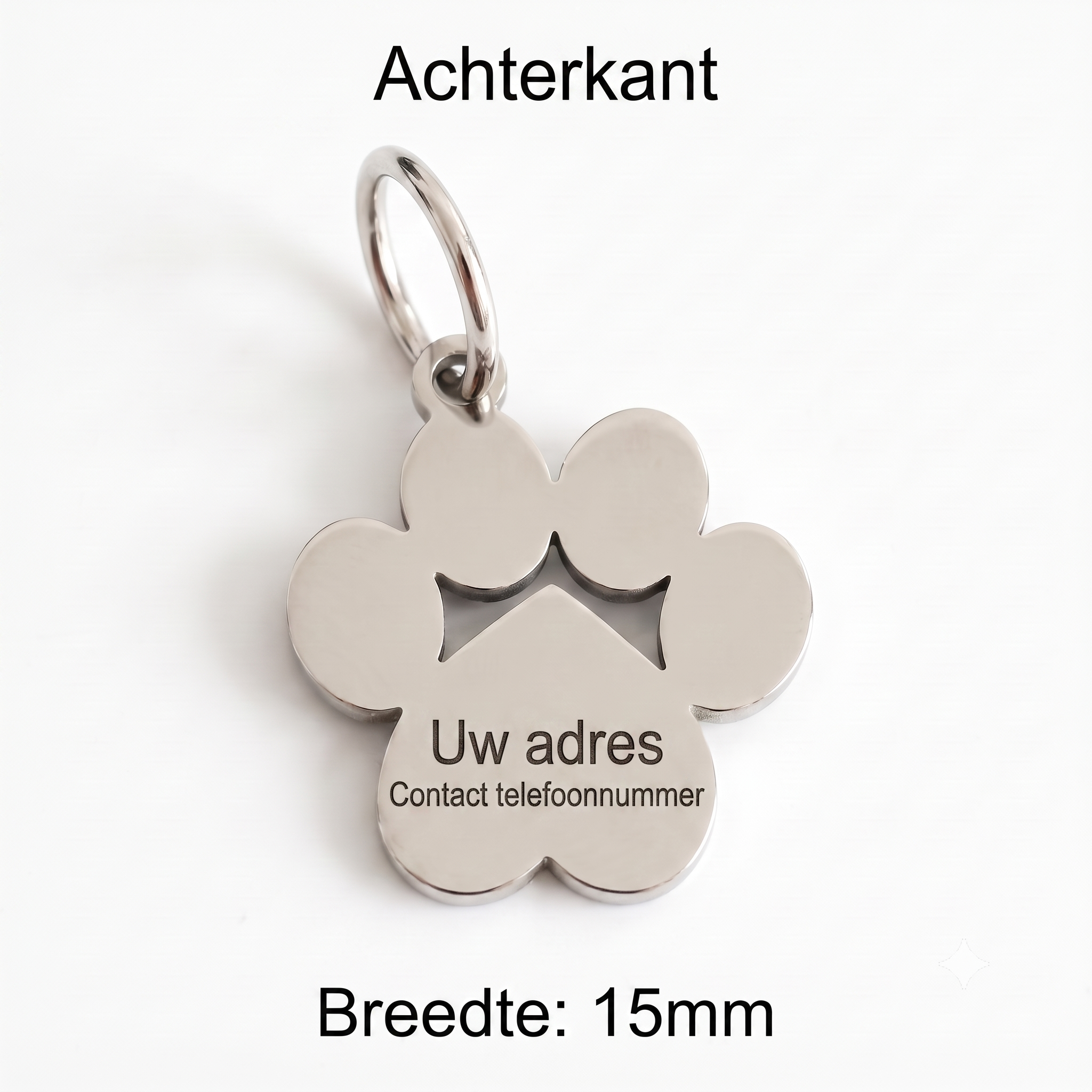 Gepersonaliseerde Hondenpenning Pootvorm - Kattenpenning / Huisdierpenning - Gegraveerde RVS ID-tag met naam, telefoonnummer en adres - Dubbelzijdig naamplaatje - Zilver - 15 mm