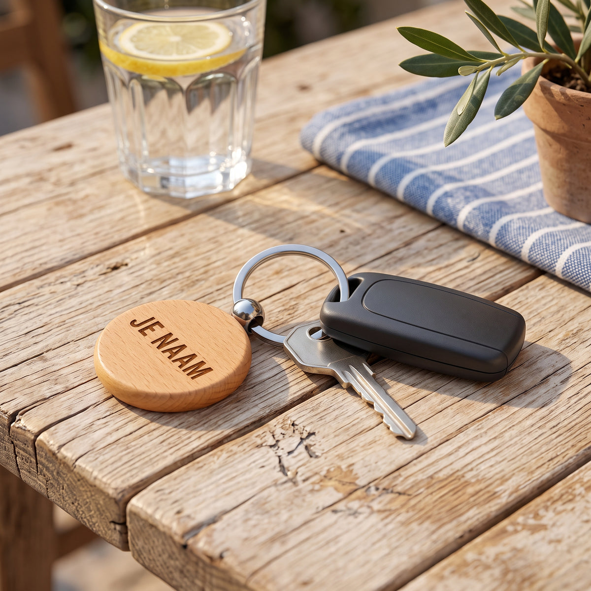 Sleutelhanger met Naam – Gepersonaliseerde Houten Sleutelhanger – Gravure Voor- en Achterkant – 40 mm