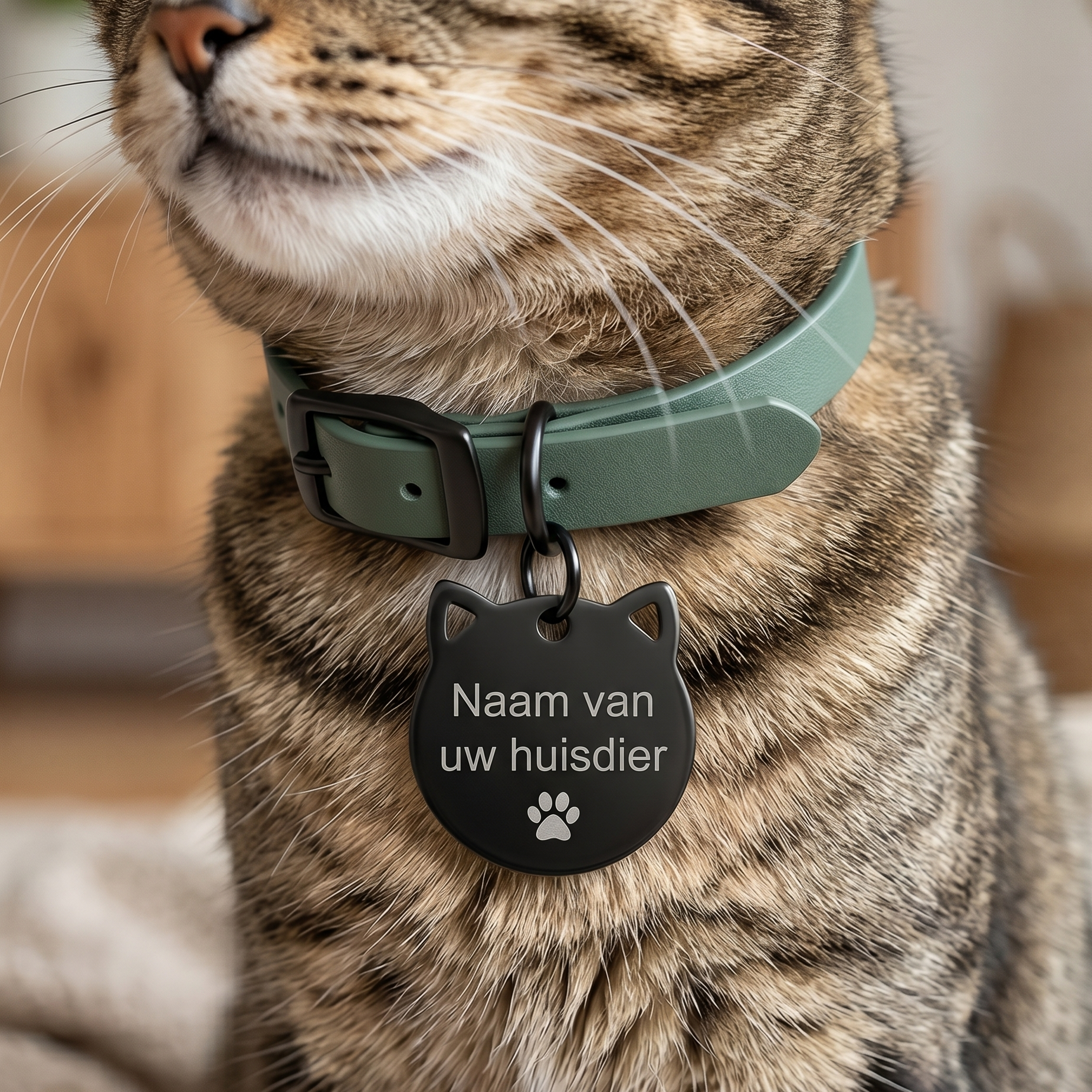 Gepersonaliseerde RVS Kattenpenning / Naamplaatje voor Huisdier – Zwarte Kattenpenning met Naam, Telefoonnummer en Adres – Kattenkop Penning 28 mm met Dubbelzijdige Gravure – Roestvrij Staal