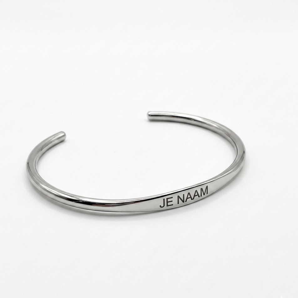 Armband met gravure zilverkleurig - open cuff bangle - RVS - verstelbaar