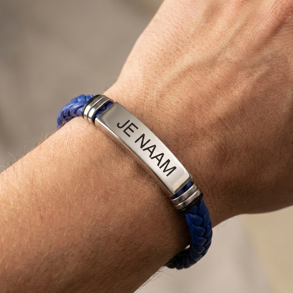 Armband met naamgravure blauw - RVS plaat - gevlochten band - gepersonaliseerd