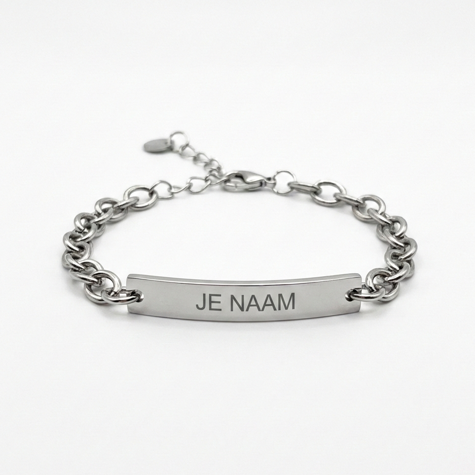 RVS armband met naamgravure – zilverkleurige schakelarmband – verstelbaar – gepersonaliseerde armband
