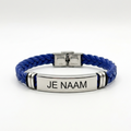 Armband met naamgravure blauw - RVS plaat - gevlochten band - gepersonaliseerd