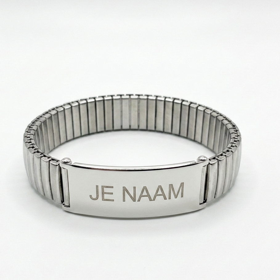Schakelarmband met gravure zilverkleurig - veermechanisme - RVS naamplaat - gepersonaliseerd