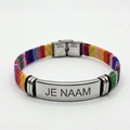 Armband met gravure kleurrijk - textielband - RVS naamplaat - gepersonaliseerd