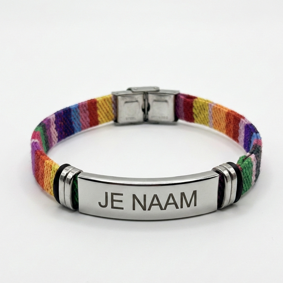 Armband met gravure kleurrijk - textielband - RVS naamplaat - gepersonaliseerd