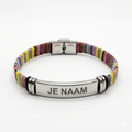 Armband met gravure kleurrijk - textielband - gebogen RVS naamplaat - gepersonaliseerd