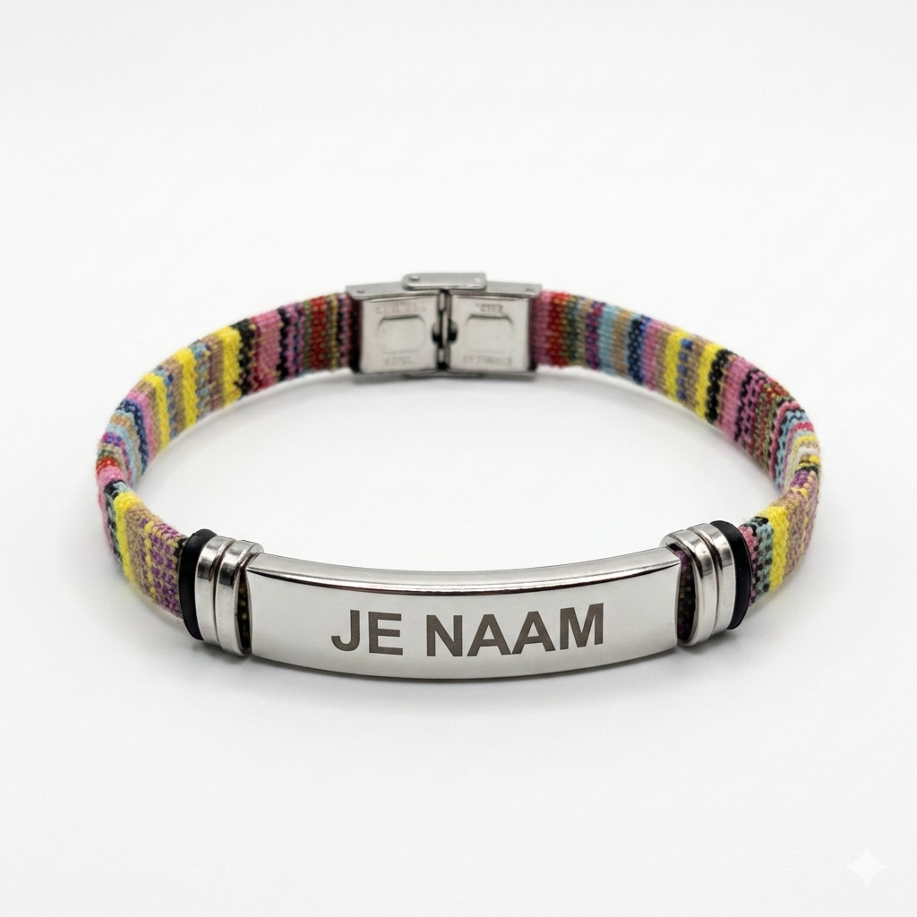 Armband met gravure kleurrijk - textielband - gebogen RVS naamplaat - gepersonaliseerd
