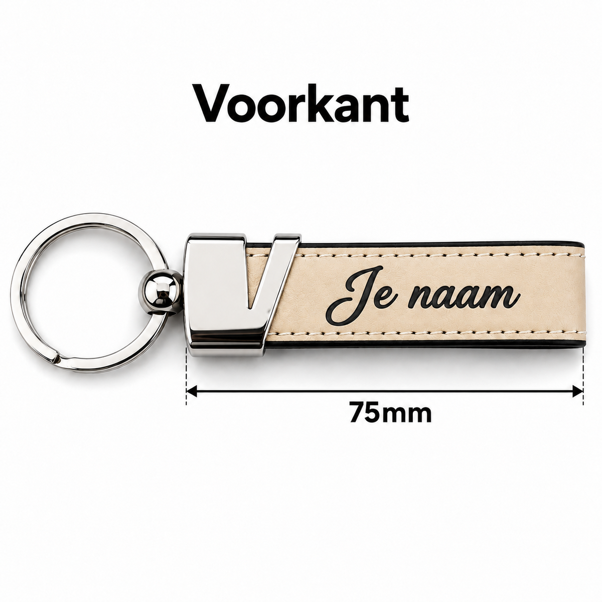 Gepersonaliseerde Sleutelhanger van Kunstleer met Naam – Gegraveerde Autosleutel Sleutelhanger – Beige – Metalen Sleutelring – 75 mm – Persoonlijk Cadeau voor Hem en Haar Sleutelhanger met naam