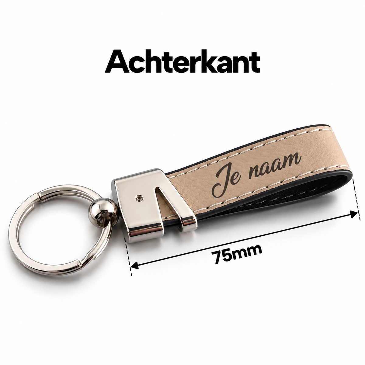 Gepersonaliseerde Sleutelhanger van Kunstleer met Naam – Gegraveerde Autosleutel Sleutelhanger – Beige – Metalen Sleutelring – 75 mm – Persoonlijk Cadeau voor Hem en Haar Sleutelhanger met naam