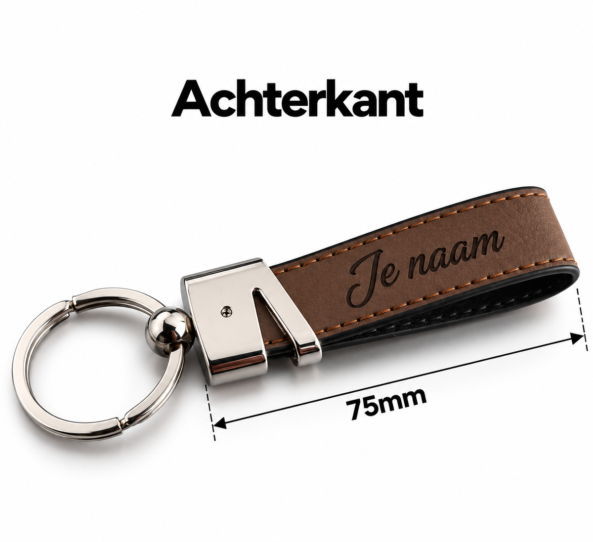 Gepersonaliseerde Sleutelhanger Kunstleer met Naam – Gegraveerde Autosleutelhanger – Bruin/Zwart – Metalen Sleutelring – 75 mm – Persoonlijk Cadeau voor Hem en Haar Sleutelhanger met naam