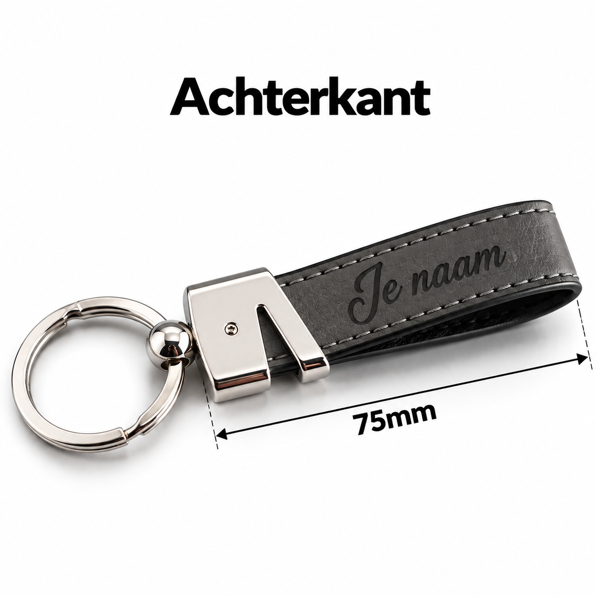 Gepersonaliseerde Sleutelhanger van Kunstleer met Naam – Gegraveerde Autosleutel Sleutelhanger – Grijs/Zwart – Metalen Sleutelring – 75 mm – Persoonlijk Cadeau voor Hem en Haar Sleutelhanger met naam