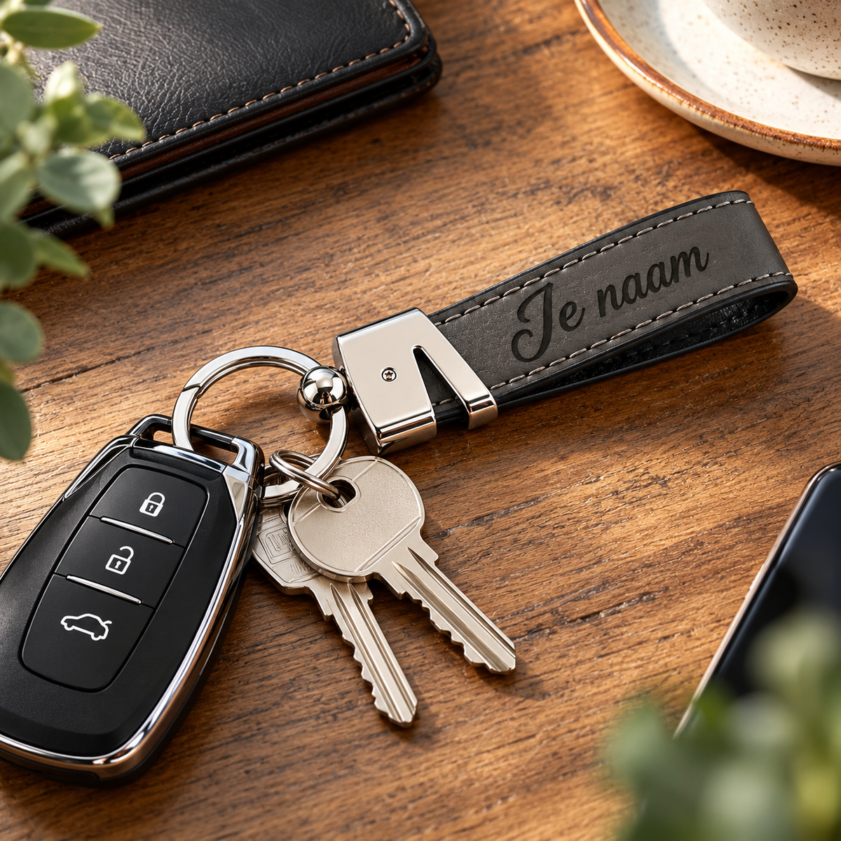 Gepersonaliseerde Sleutelhanger van Kunstleer met Naam – Gegraveerde Autosleutel Sleutelhanger – Grijs/Zwart – Metalen Sleutelring – 75 mm – Persoonlijk Cadeau voor Hem en Haar Sleutelhanger met naam
