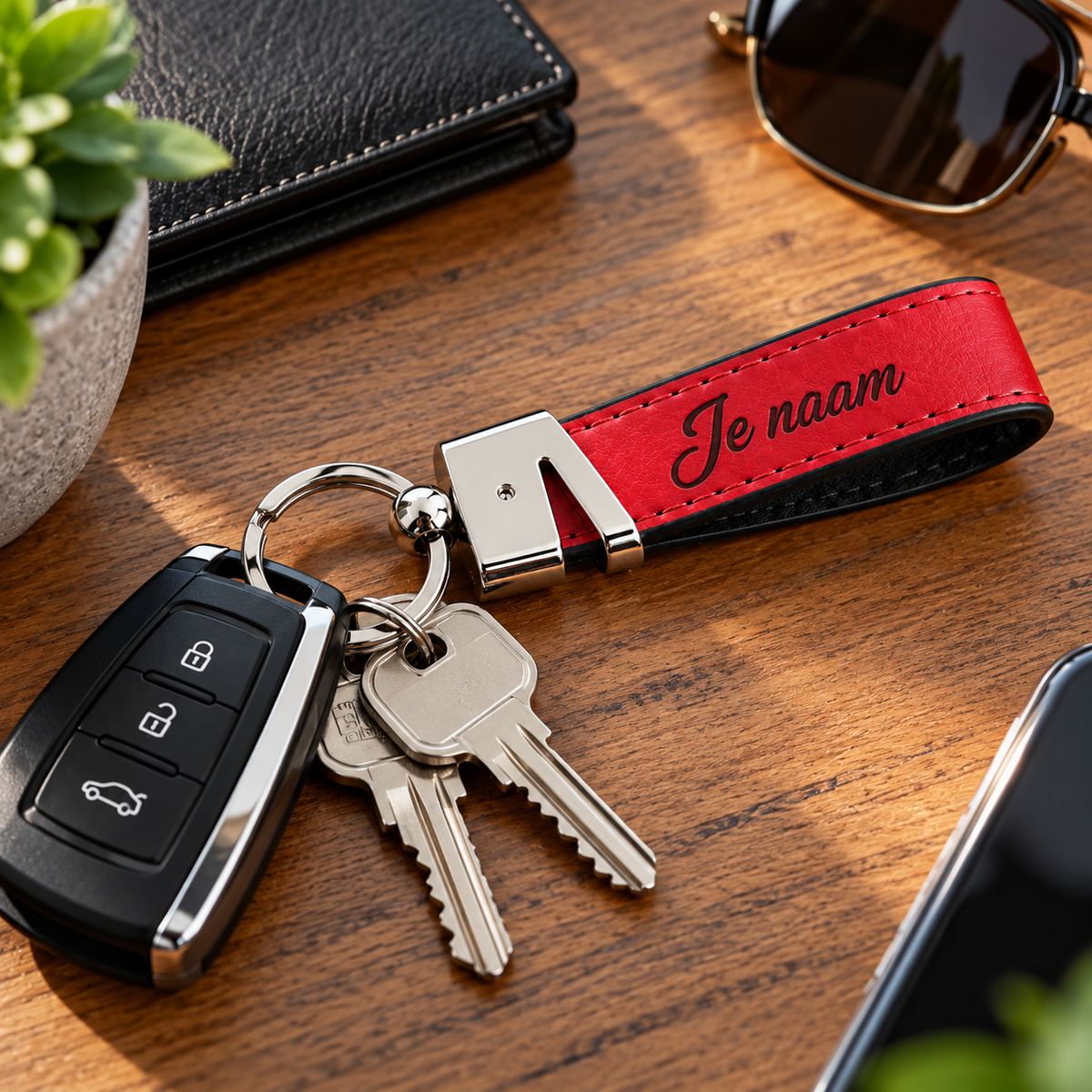 Gepersonaliseerde Sleutelhanger Kunstleer met Naam – Gegraveerde Autosleutelhanger – Rood/Zwart – Metalen Sleutelring – 75 mm – Persoonlijk Cadeau voor Hem en Haar Sleutelhanger met naam