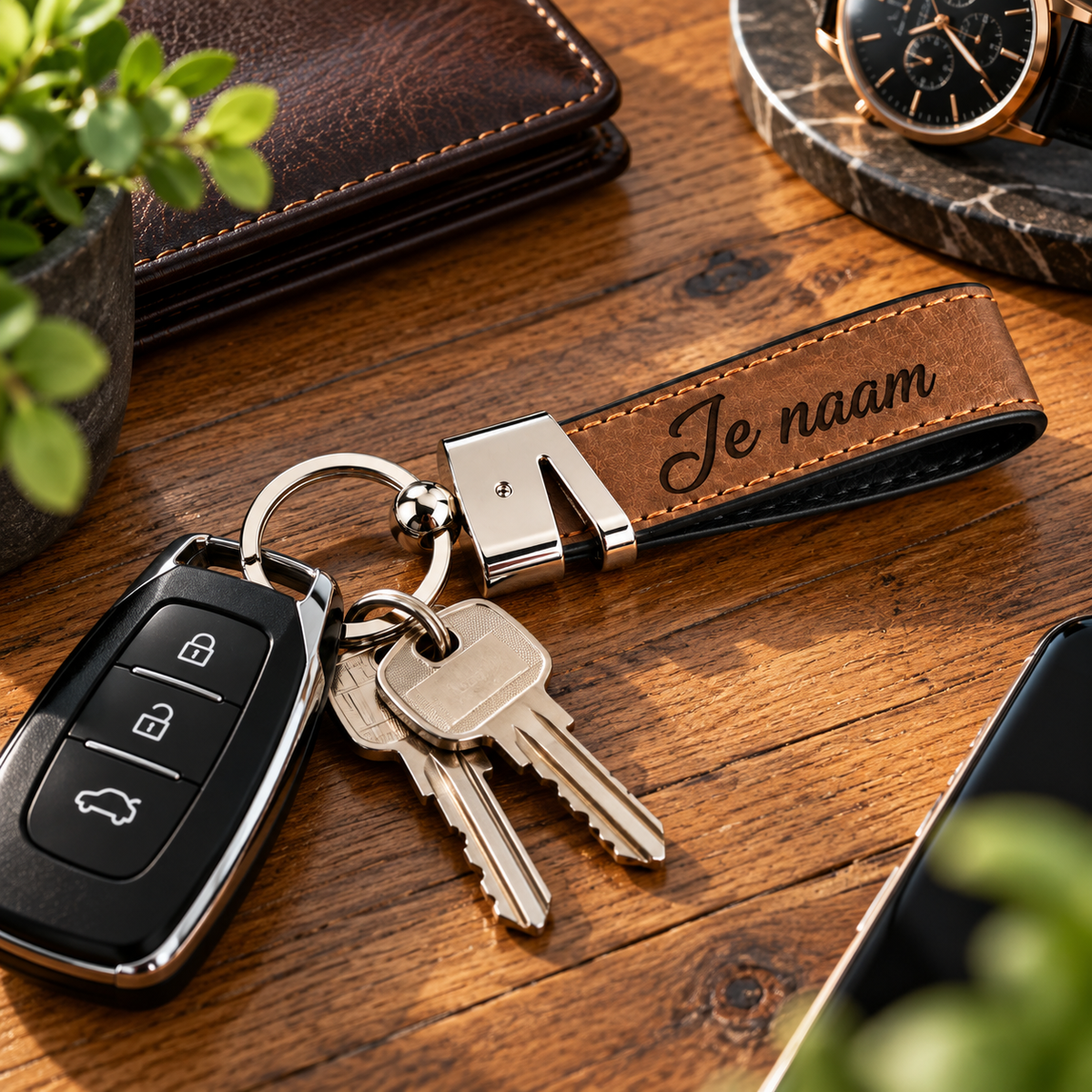 Gepersonaliseerde Sleutelhanger Kunstleer met Naam – Gegraveerde Autosleutelhanger – Bruin/Zwart – Metalen Sleutelring – 75 mm – Persoonlijk Cadeau voor Hem en Haar Sleutelhanger met naam
