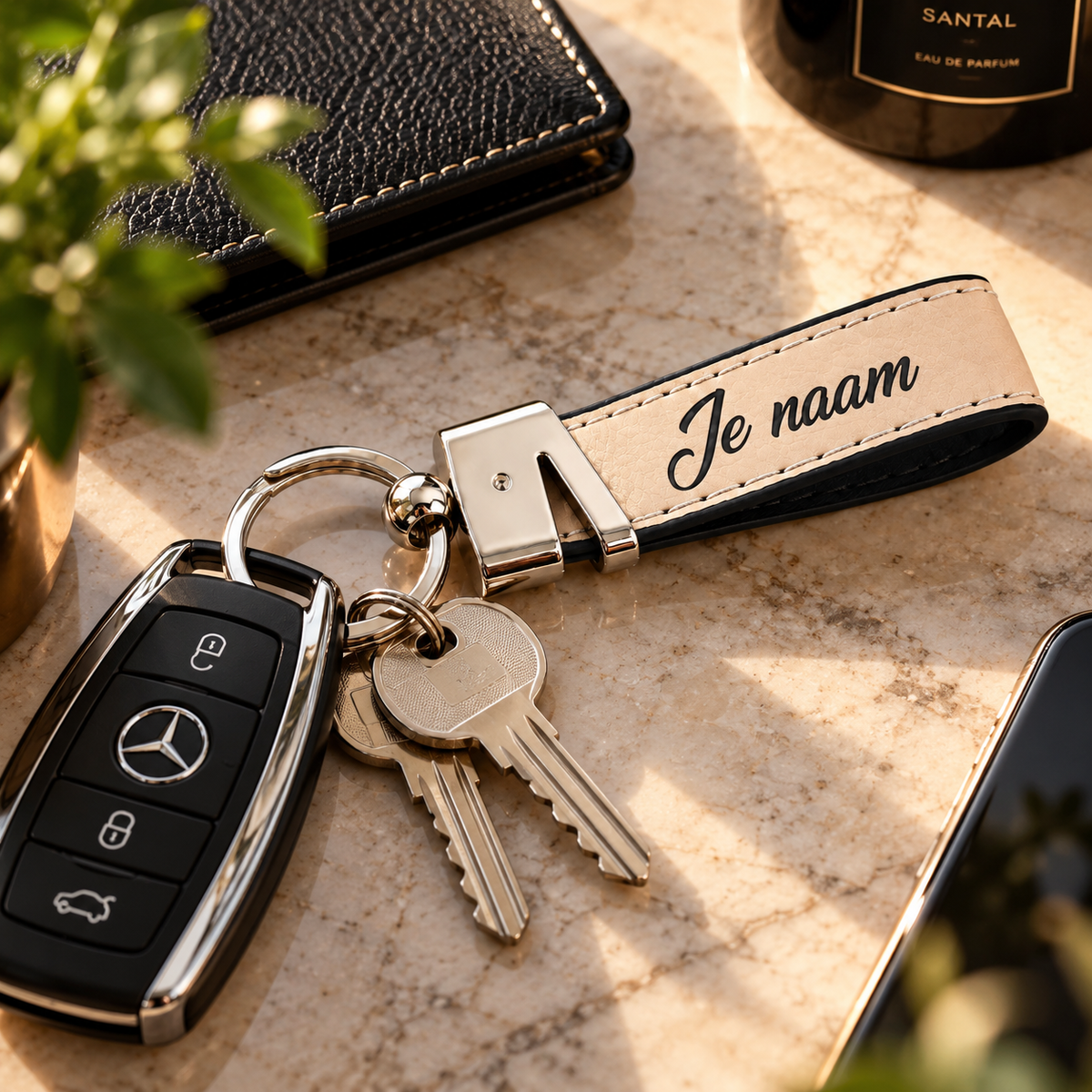 Gepersonaliseerde Sleutelhanger van Kunstleer met Naam – Gegraveerde Autosleutel Sleutelhanger – Beige – Metalen Sleutelring – 75 mm – Persoonlijk Cadeau voor Hem en Haar Sleutelhanger met naam
