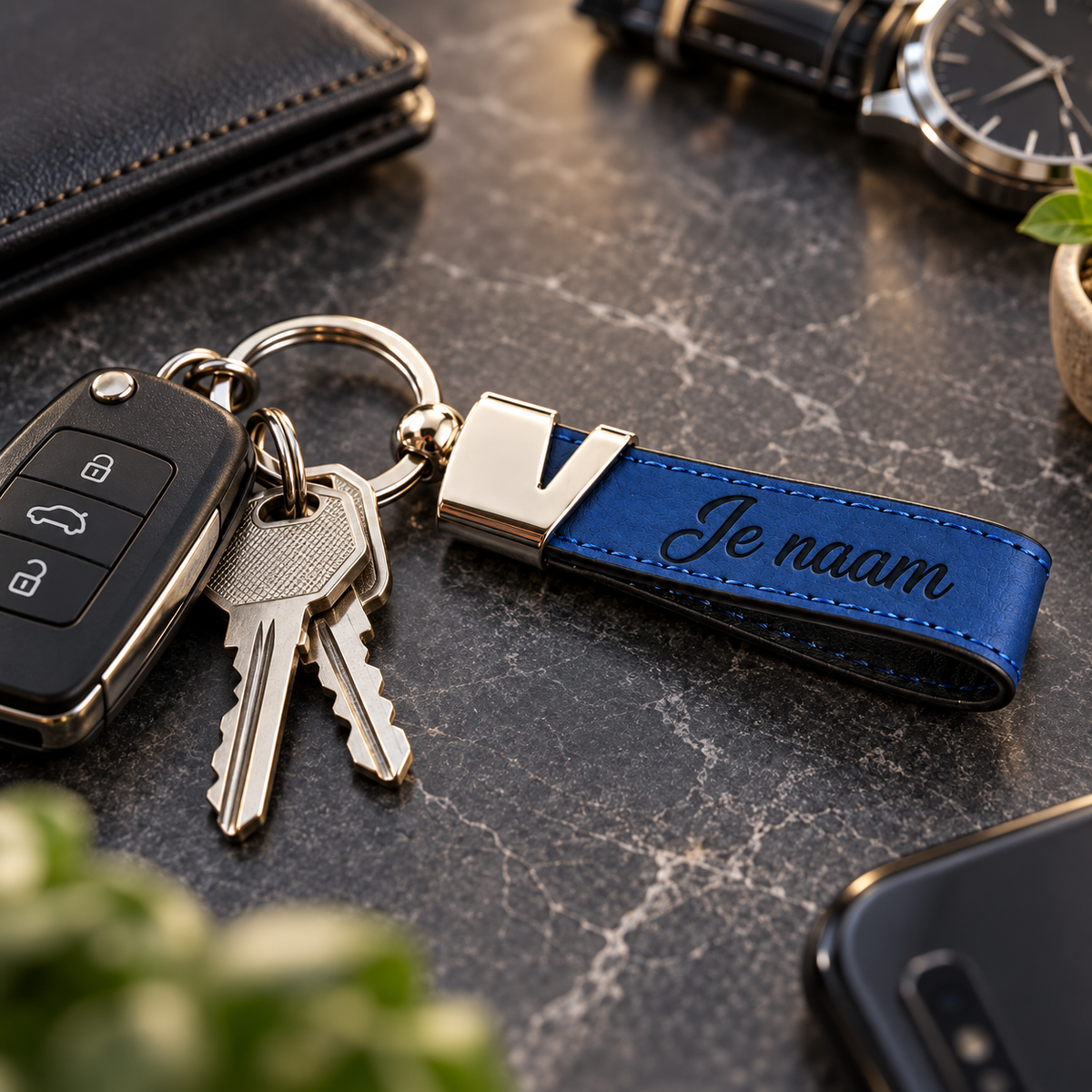 Gepersonaliseerde Sleutelhanger van Kunstleer met Naam – Gegraveerde Autosleutel Sleutelhanger – Blauw/Zwart – Metalen Sleutelring – 75 mm – Persoonlijk Cadeau voor Hem en Haar Sleutelhanger met naam