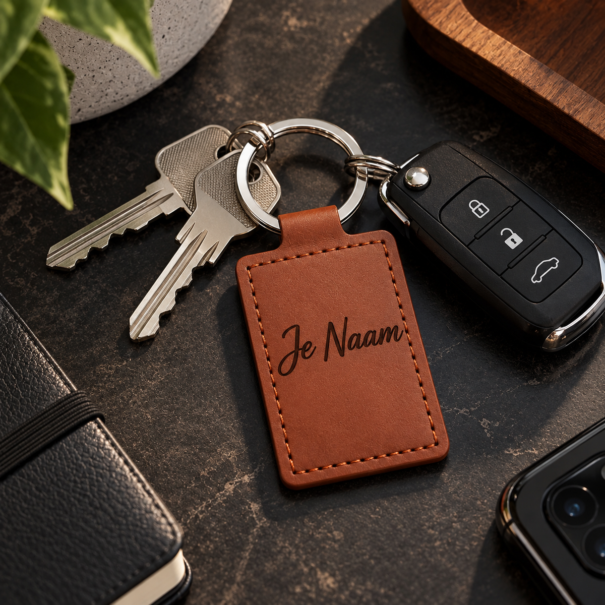 Gepersonaliseerde Sleutelhanger met Naam – Rechthoekige Kunstleren Sleutelhanger – Bruin – Gegraveerde Autosleutelhanger – Contactgegevens Achterkant – 40 mm – Persoonlijk Cadeau