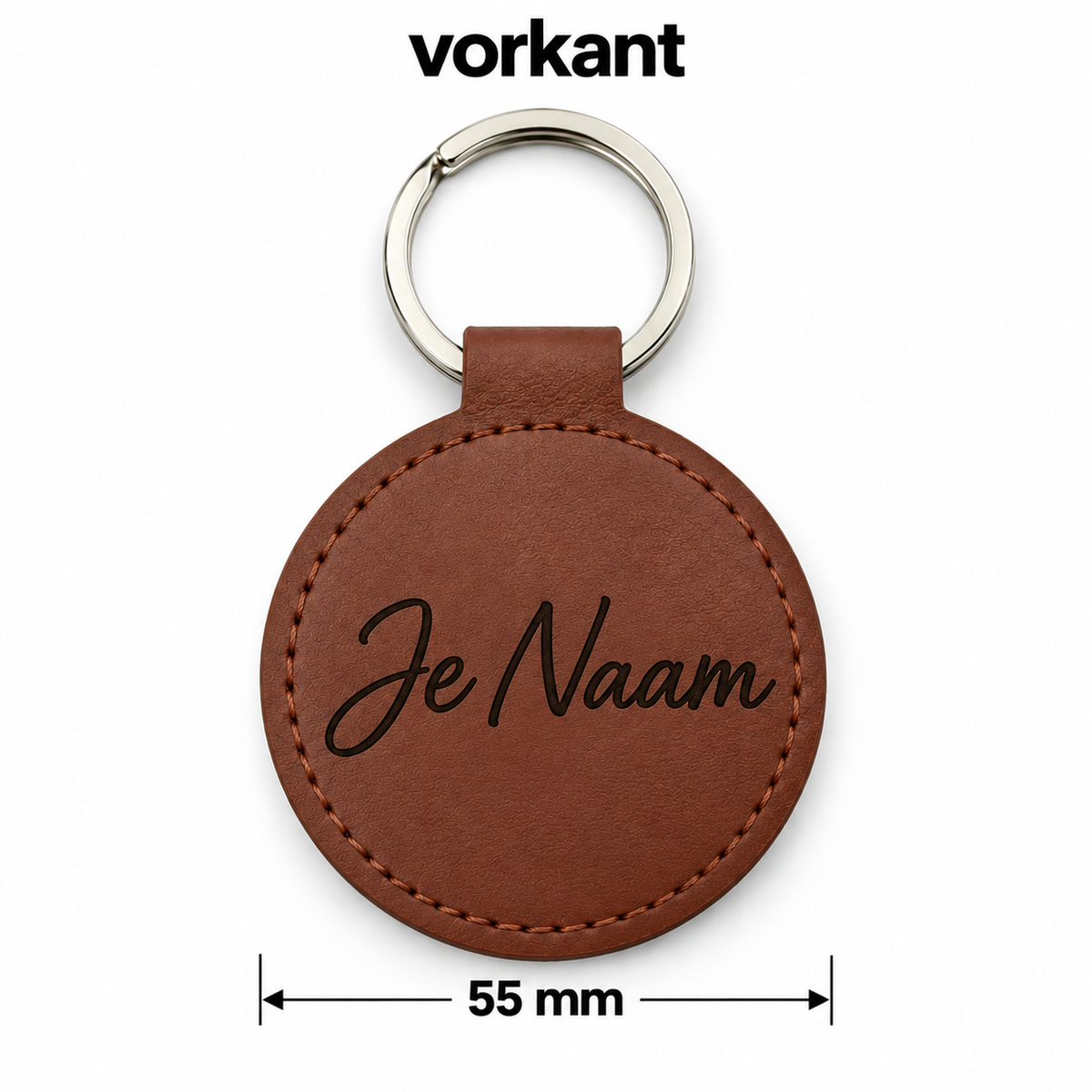 Gepersonaliseerde Ronde Sleutelhanger met Naam – Kunstleer – Gegraveerde Autosleutelhanger – Bruin – Opbergvak voor AirTag / Muntje – 55 mm – Sleutelhanger met naam