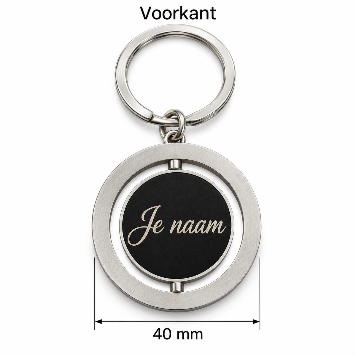 Gepersonaliseerde Sleutelhanger met Naam – Sleutelhanger met naam – Draaibare Metalen Sleutelhanger – Roterende Middenplaat – Gravure Voor- en Achterkant – 40 mm – Zilver/Zwart