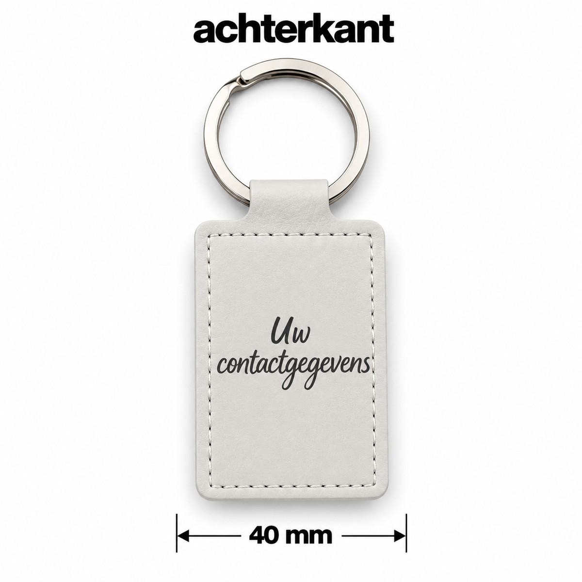 Gepersonaliseerde Sleutelhanger met Naam – Witte Kunstleren Sleutelhanger – Rechthoekig – Gravure Voor- en Achterkant – Contactgegevens – Autosleutelhanger – 40 mm – Persoonlijk Cadeau