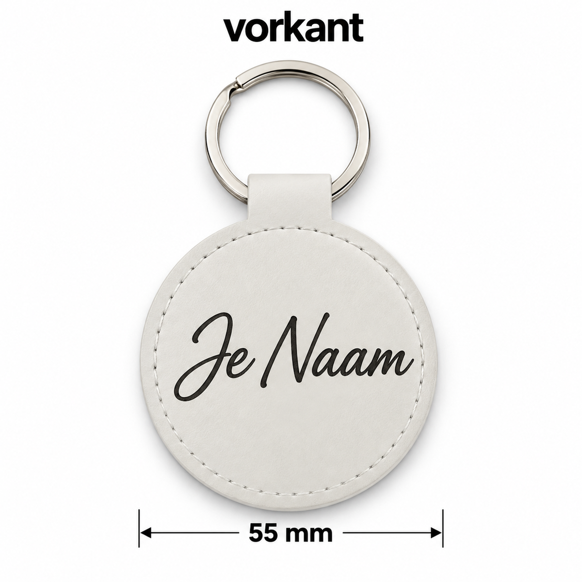 Gepersonaliseerde Ronde Sleutelhanger met Naam – Kunstleer – Wit – 55 mm – Gegraveerde Autosleutelhanger – Opbergvak voor AirTag / Muntje – Persoonlijk Cadeau – Sleutelhanger met naam