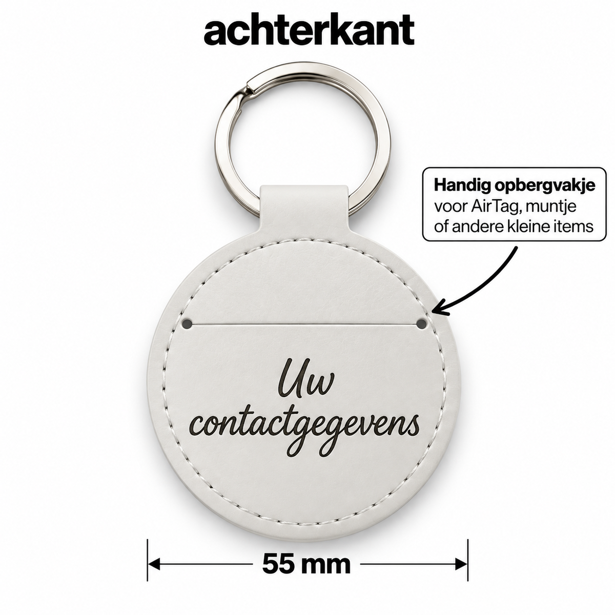 Gepersonaliseerde Ronde Sleutelhanger met Naam – Kunstleer – Wit – 55 mm – Gegraveerde Autosleutelhanger – Opbergvak voor AirTag / Muntje – Persoonlijk Cadeau – Sleutelhanger met naam