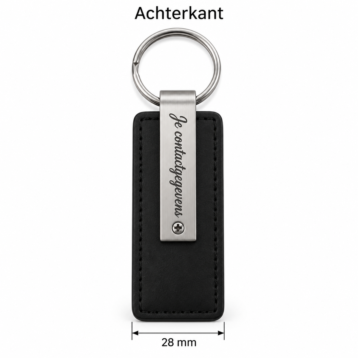 Gepersonaliseerde Sleutelhanger met Naam – Zwart Kunstleer met Metalen Gravureplaat – Gravure Voor- en Achterkant – Contactgegevens – Autosleutelhanger – 28 mm – Persoonlijk Cadeau