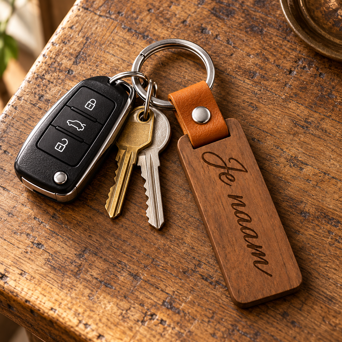 Gepersonaliseerde Houten Sleutelhanger met Naam – Sleutelhanger met Naam – Lasergravure Voor- en Achterkant – Kunstleren Lus – 27 mm – Persoonlijk Cadeau